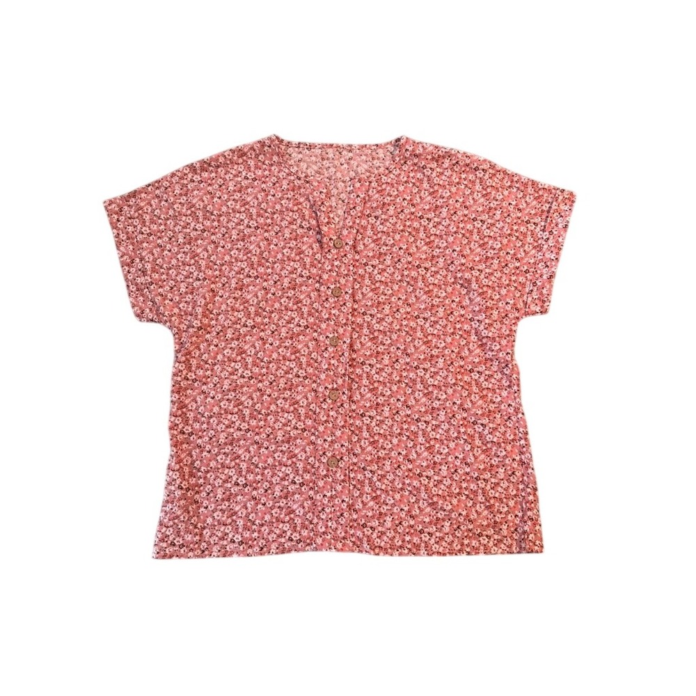 Pink Ditsy Floral Button Down Blouse Short Sleeve V-Neck Top XL